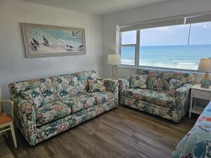 Room 32 oceanfront view, north wall with picture of beach