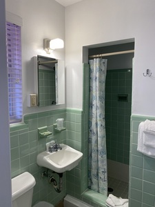 very small bathroom with green and white tile shower
