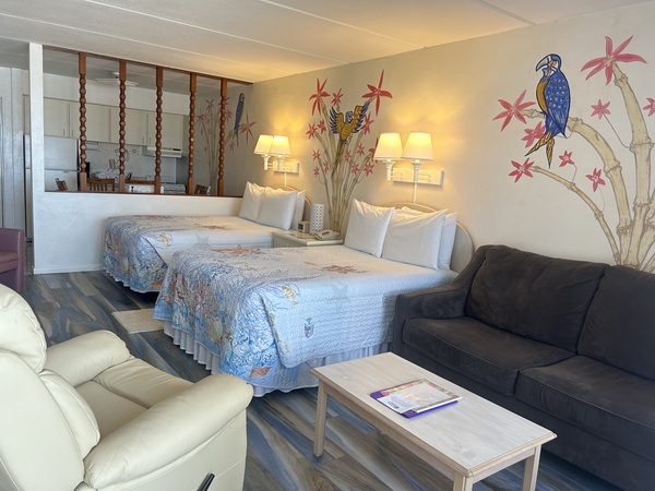 Living Room with 2 double beds, sleeper sofa, recliner chair